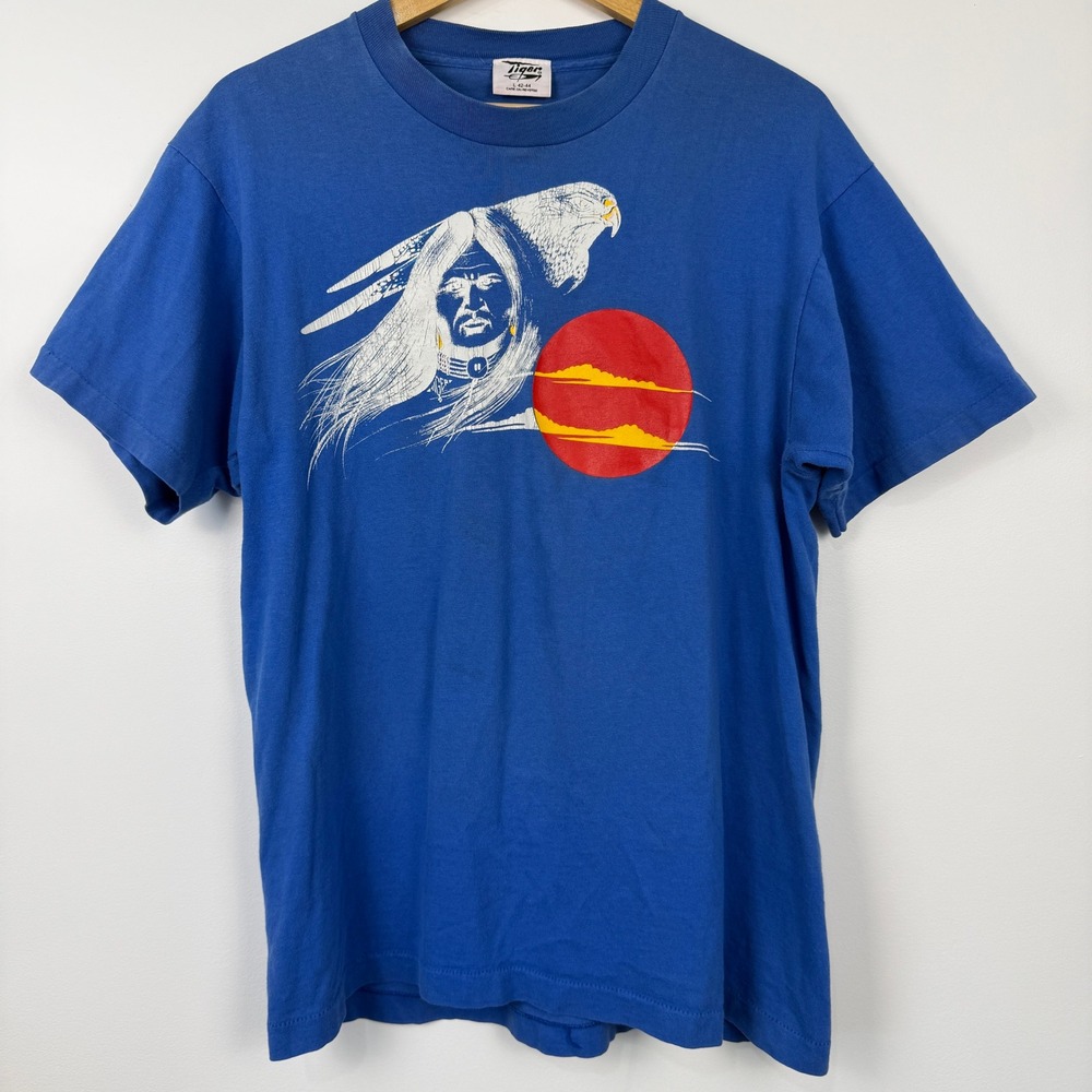 Vintage Tiger Native American Eagle Spirit Red Sun‎ Graphic T Shirt Mens L Blue